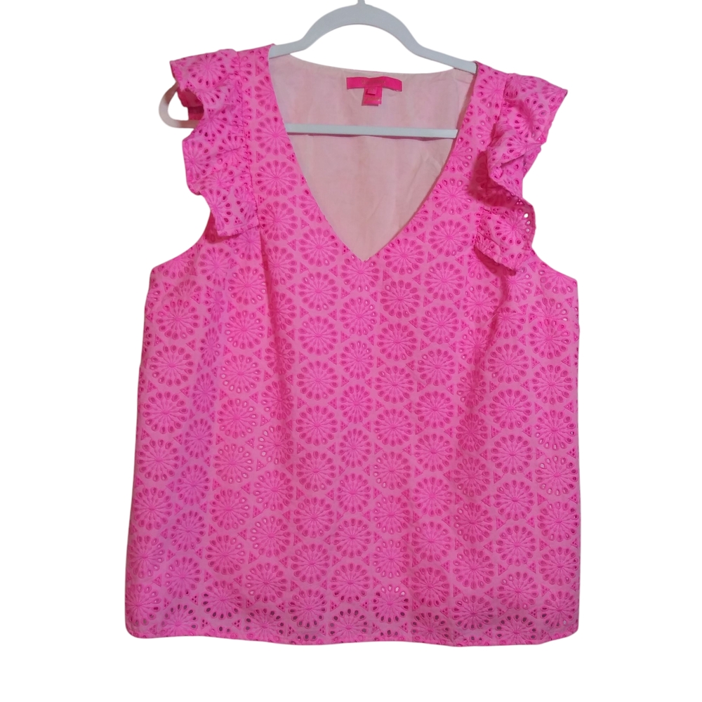 Lilly Pulitzer Pink Eyelet V-Neck Ruffle Sleeve Top